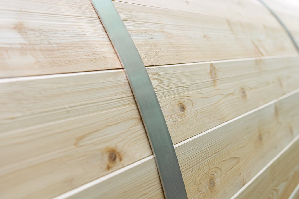 Stainless steel band detail on the Dundalk CT Tranquility 6-Person Outdoor Barrel Sauna