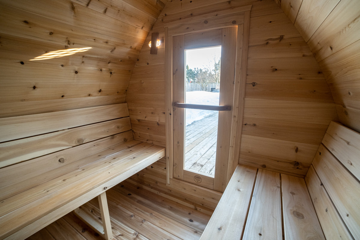 Window and bench inside the Dundalk CT MiniPOD 4-Person Sauna