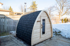 Rear angled view of the Dundalk CT MiniPOD 4-Person Sauna with side window