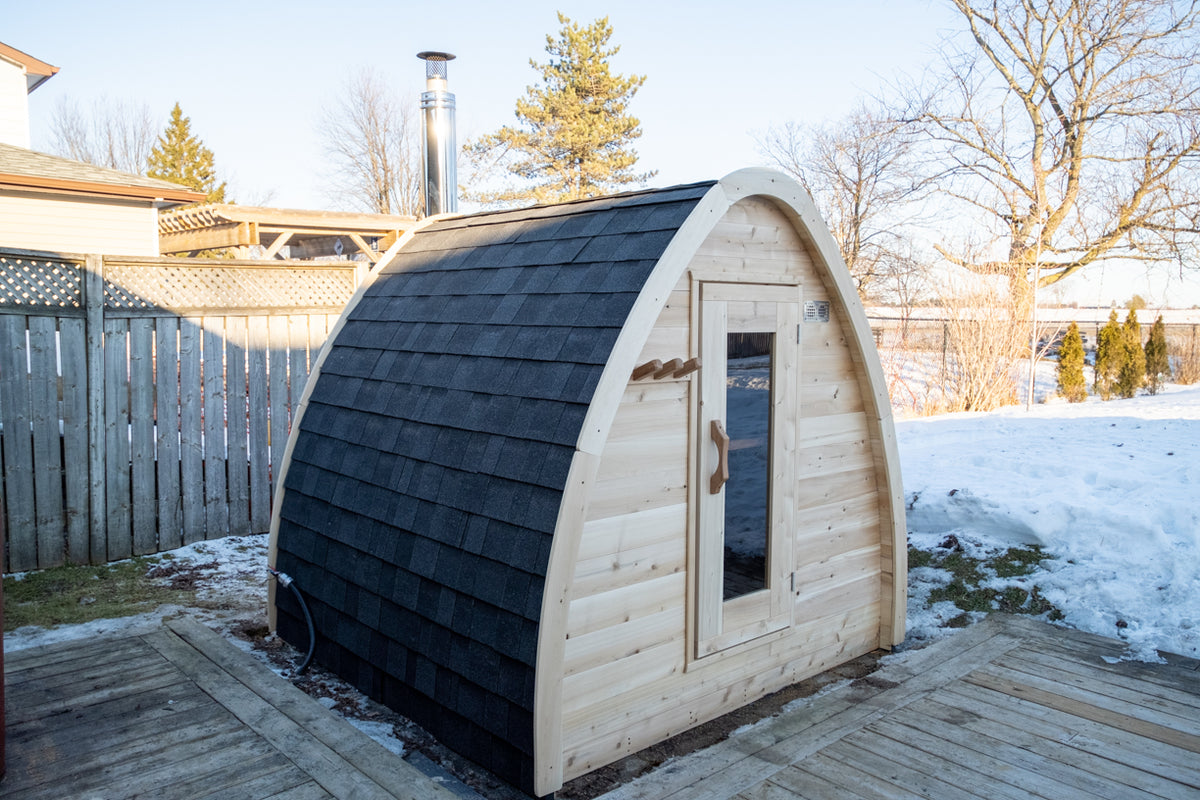 Rear angled view of the Dundalk CT MiniPOD 4-Person Sauna with side window