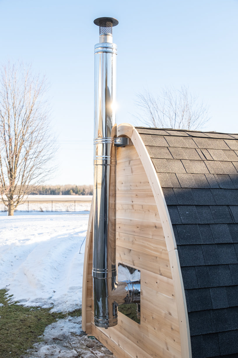 Stove chimney pipe on the roof of the Dundalk CT MiniPOD 4-Person Sauna