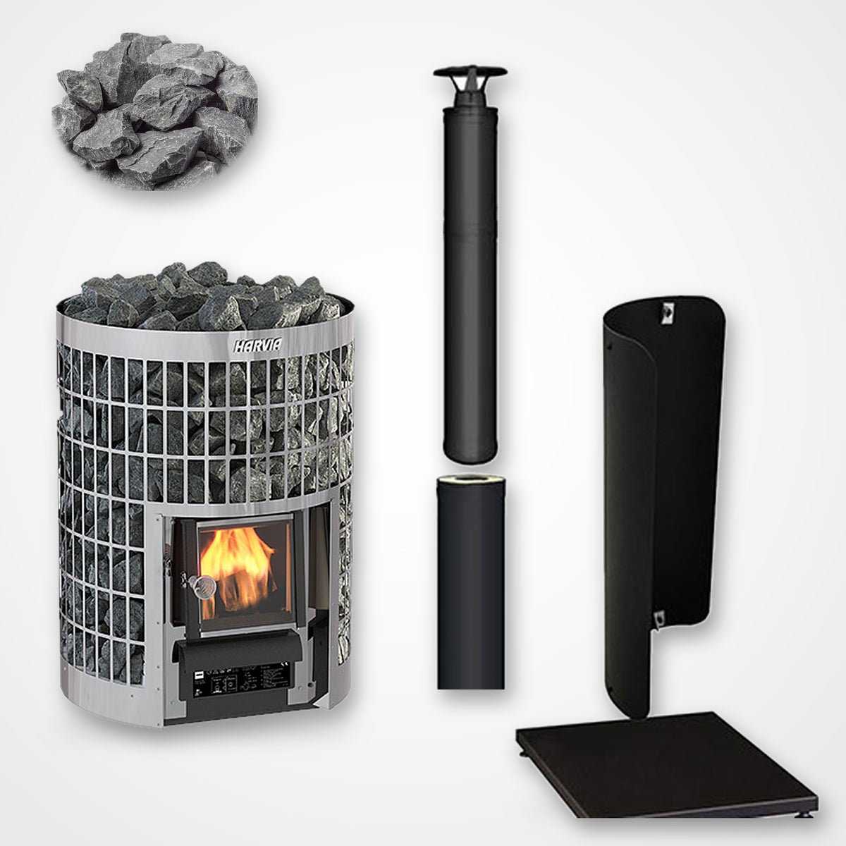 Harvia Cilindro 16 16kW Wood-Burning Sauna Stove package with black chimney and sauna stones