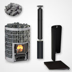 Harvia Cilindro 20 17kW Wood-Burning Sauna Stove package with black chimney and sauna stones