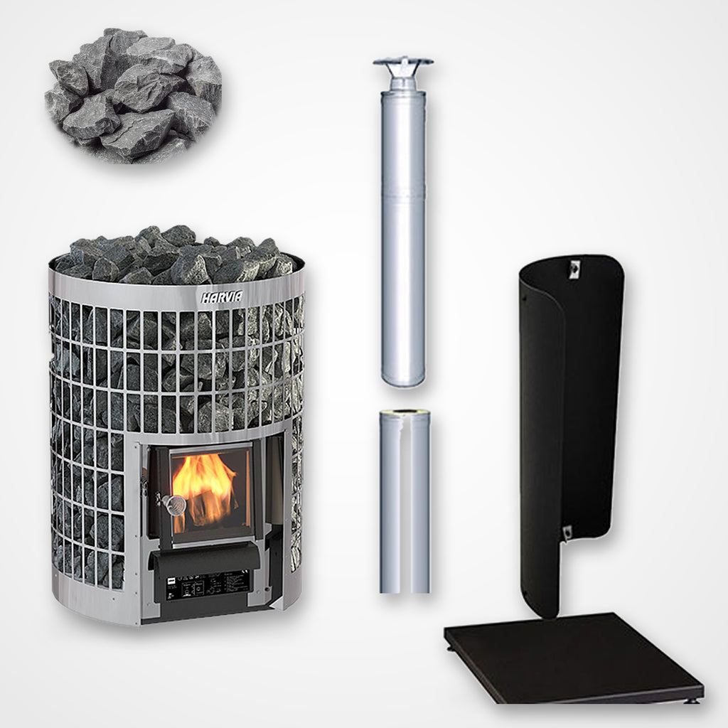Harvia Cilindro 20 17kW Wood-Burning Sauna Stove package with stainless steel chimney and sauna stones