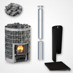 Harvia Cilindro 20 17kW Wood-Burning Sauna Stove package with stainless steel chimney and sauna stones