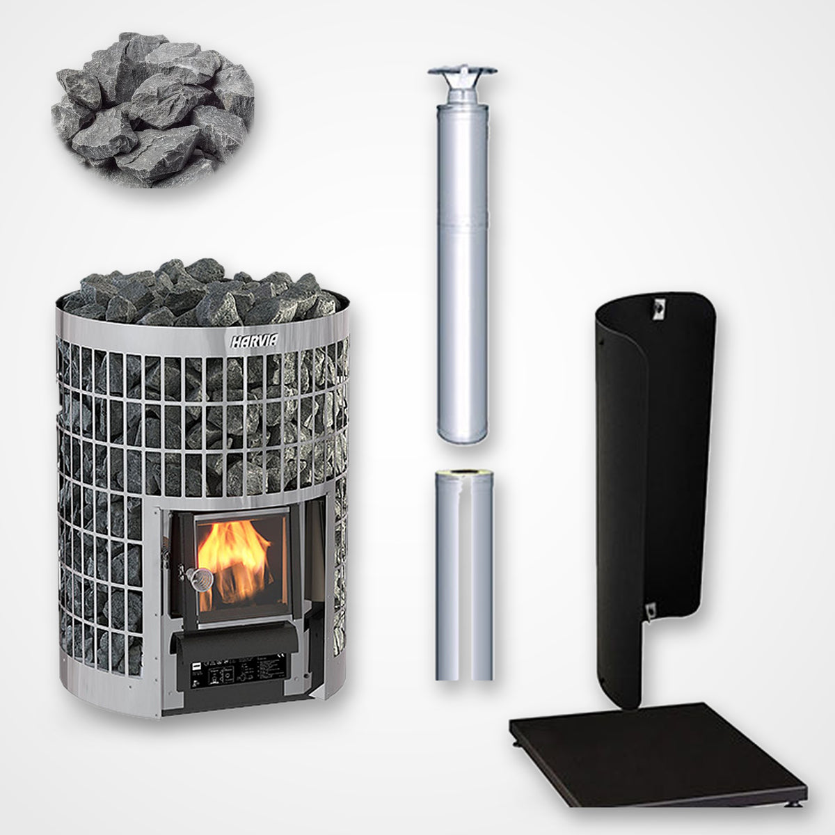 Harvia Cilindro 20 17kW Wood-Burning Sauna Stove package with stainless steel chimney and sauna stones