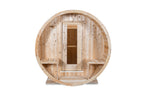 Front view of the Dundalk CT Serenity 5-Person Outdoor Barrel Sauna with glass door