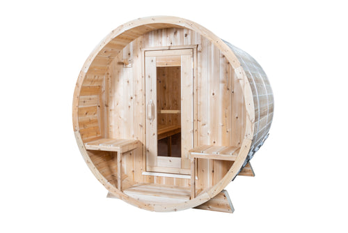 Front view of the Dundalk CT Serenity 5-Person Outdoor Barrel Sauna with porch bench on a white background