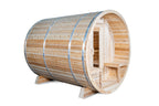 Angled view of the Dundalk CT Serenity 5-Person Outdoor Barrel Sauna on a white background