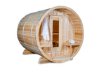 Angled front view of the Dundalk CT Serenity 5-Person Outdoor Barrel Sauna with porch bench