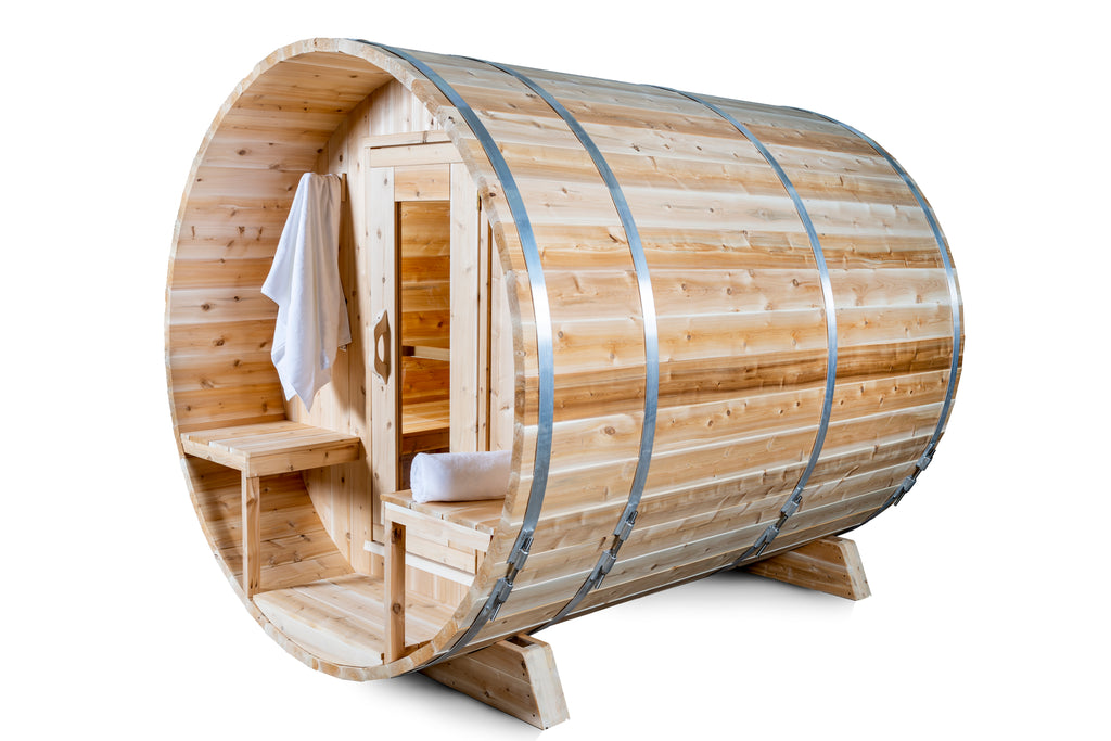 Side angled view of the Dundalk CT Serenity 5-Person Outdoor Barrel Sauna on a white background