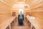 Interior of the Dundalk CT Elation 4-Person Outdoor Barrel Sauna with benches and heater
