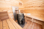 Interior of the Dundalk CT Elation 4-Person Outdoor Barrel Sauna with benches and heater, alternate view
