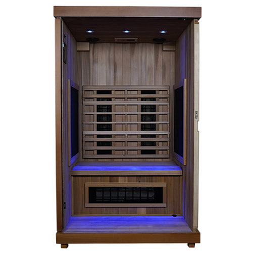 Inside the Finnmark FD-2 sauna with blue light
