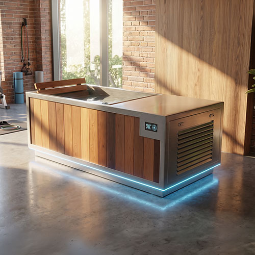 Finnmark SoulCold plunge tub with cedar panels and blue LED underlighting in an indoor room