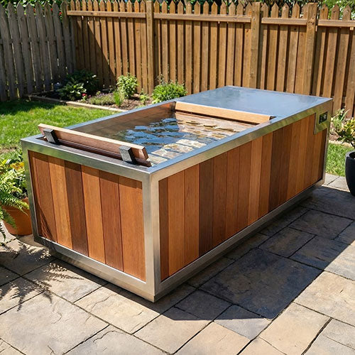 Finnmark SoulCold plunge tub filled with water on a stone patio, with cedar backrest