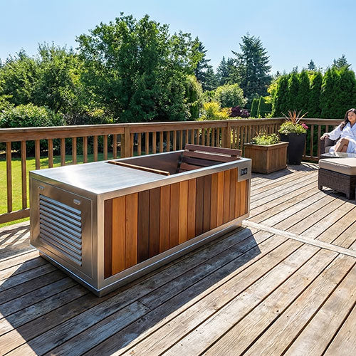 Finnmark SoulCold plunge tub with chiller vent on a backyard wooden deck