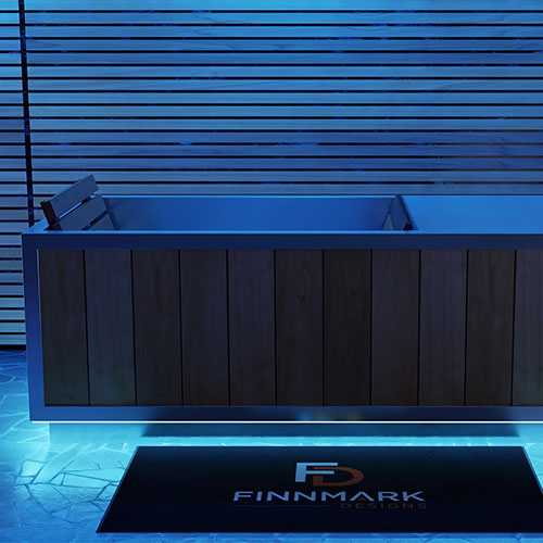 Finnmark SoulCold plunge tub with dark stained wood panels and blue LED lighting