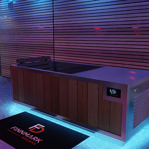 Finnmark SoulCold plunge tub front view with control display and blue LED lighting