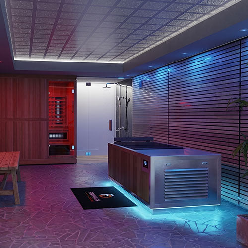 Finnmark SoulCold plunge tub in a spa room next to an infrared sauna