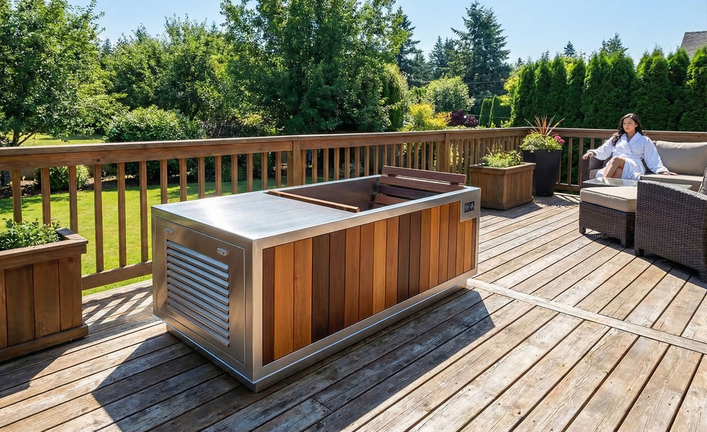 Finnmark SoulCold plunge tub on a wooden deck with a person relaxing nearby