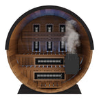 Finnmark FD-6 barrel sauna interior with LED lighting, door open