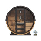 Finnmark FD-6 barrel sauna front view with safety award