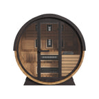 Finnmark FD-6 6-person outdoor hybrid barrel sauna in red cedar, front view