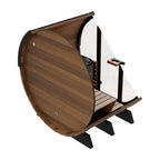 Finnmark FD-6 barrel sauna with the door open, rear angle