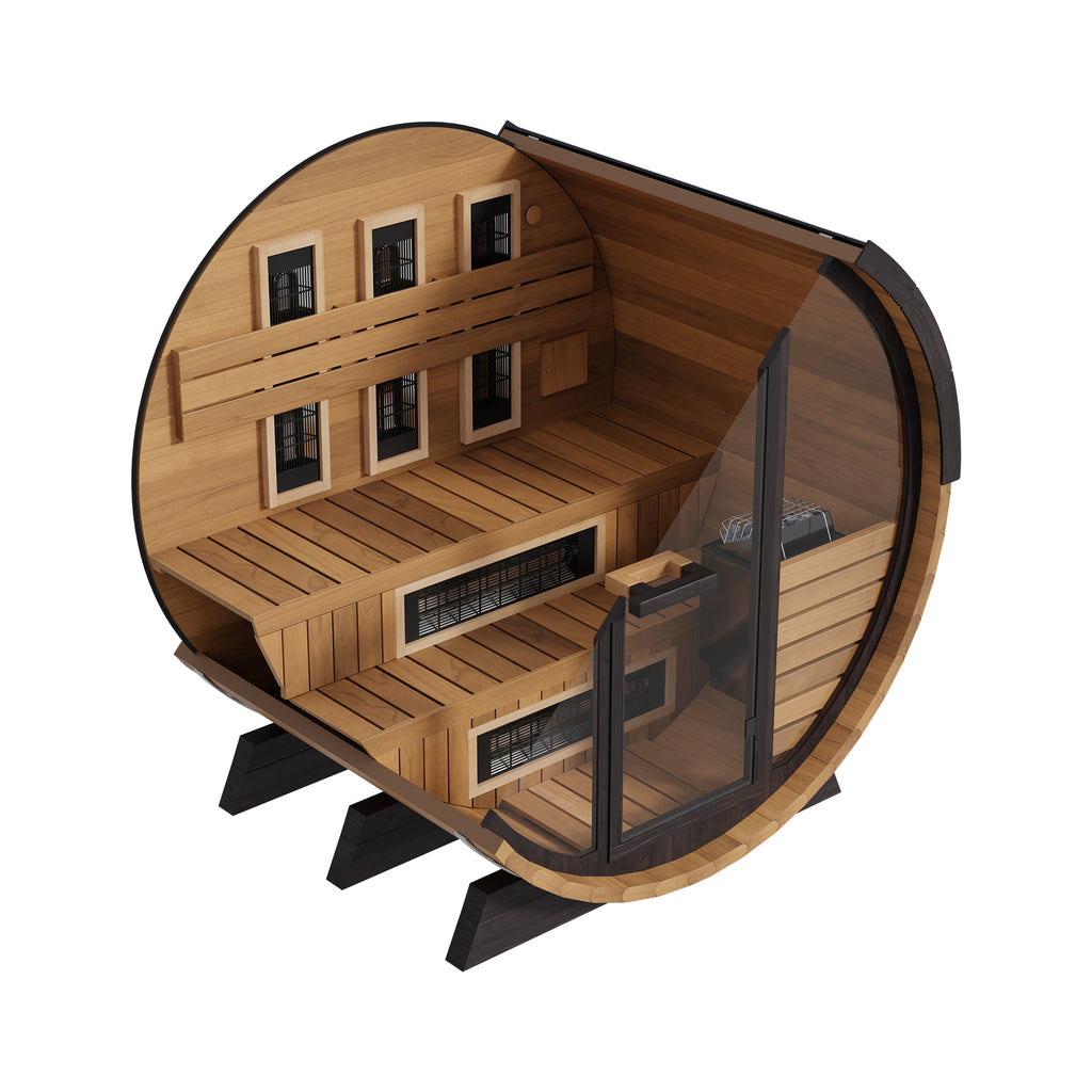 Finnmark FD-6 barrel sauna with the door open