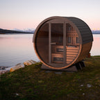 Finnmark FD-6 outdoor barrel sauna in a backyard setting with Canadian cedar