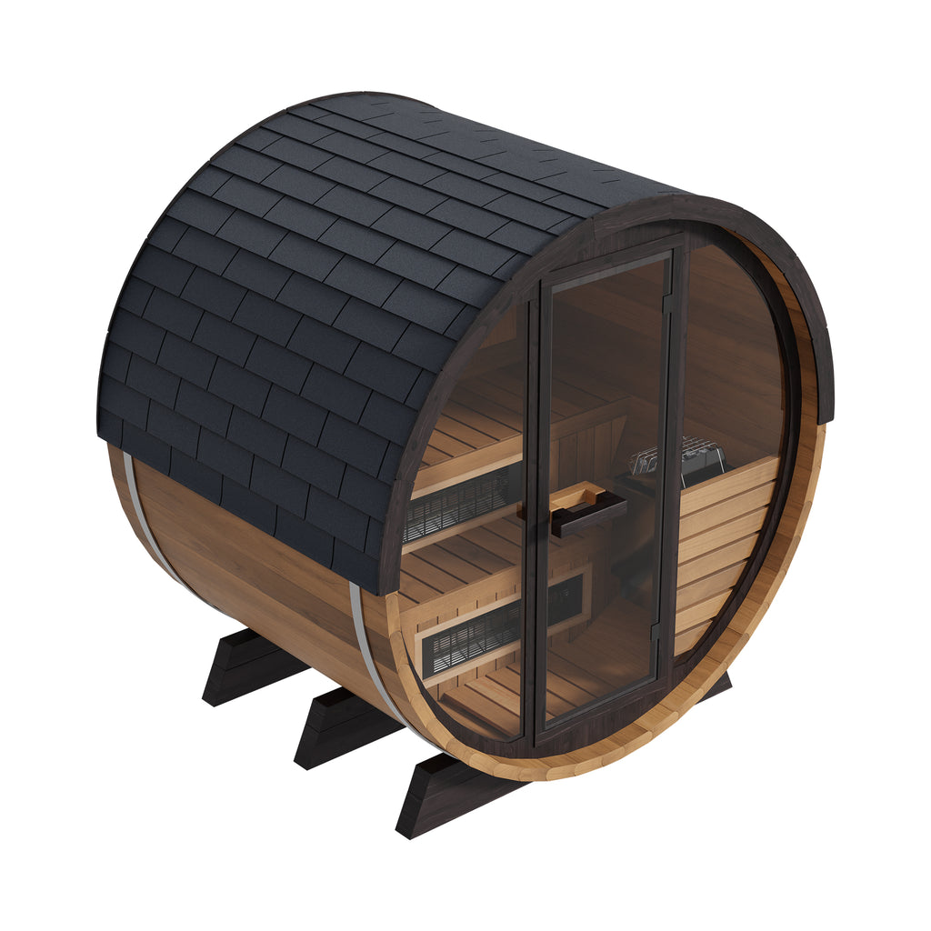 Finnmark FD-6 barrel sauna, top left view showing the shingle roof