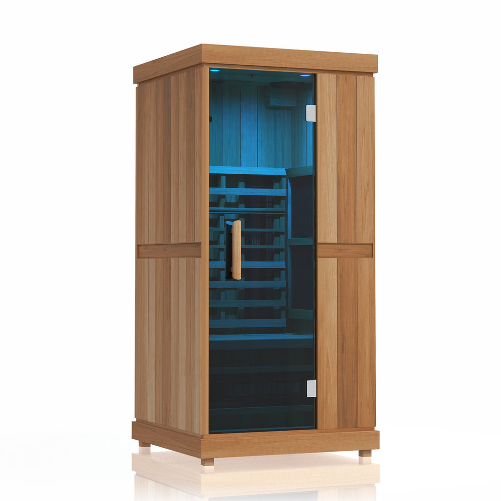 Finnmark FD-1 infrared sauna with blue chromotherapy lighting