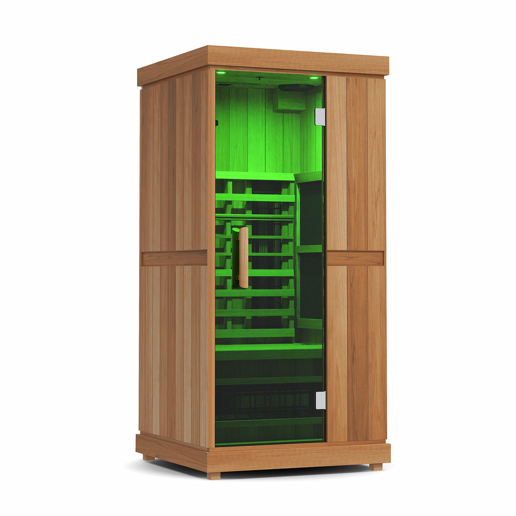 Finnmark FD-1 infrared sauna with green chromotherapy lighting