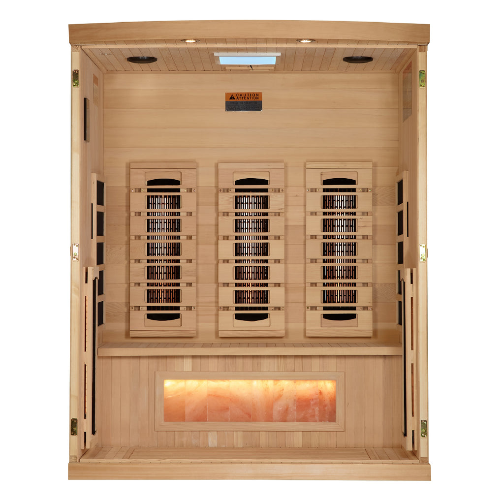 Golden Designs Reserve Edition 3-Person Indoor Full Spectrum Infrared Sauna (Near Zero EMF) — with Himalayan Salt Bars