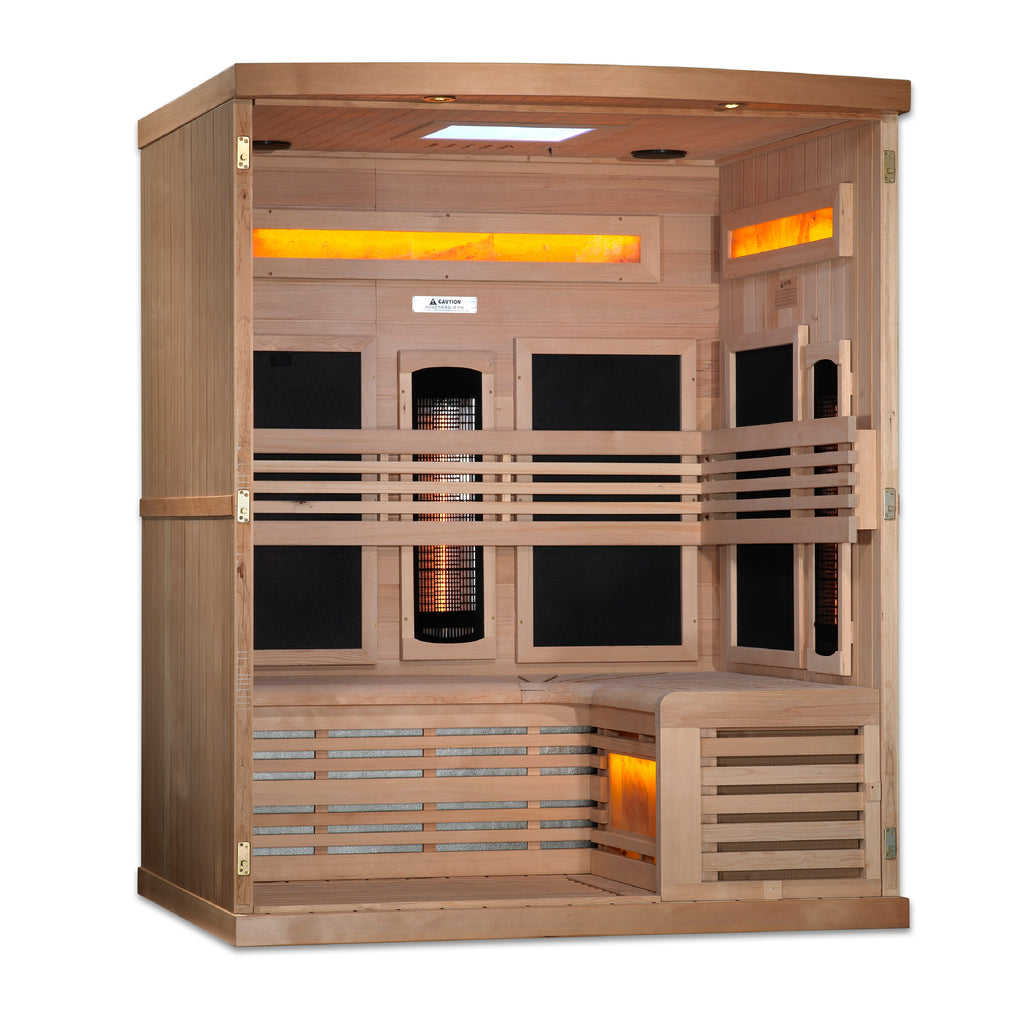 Golden Designs Reserve Edition 3-Person Indoor Full Spectrum Infrared Sauna (Near Zero EMF) — with Himalayan Salt Bar