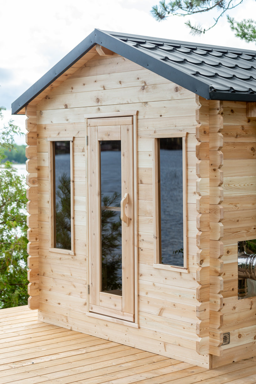 Front view of the Dundalk CT Georgian 6-Person Outdoor Cabin Sauna with narrow windows