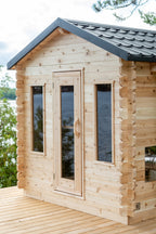 Front view of the Dundalk CT Georgian 6-Person Outdoor Cabin Sauna with narrow windows