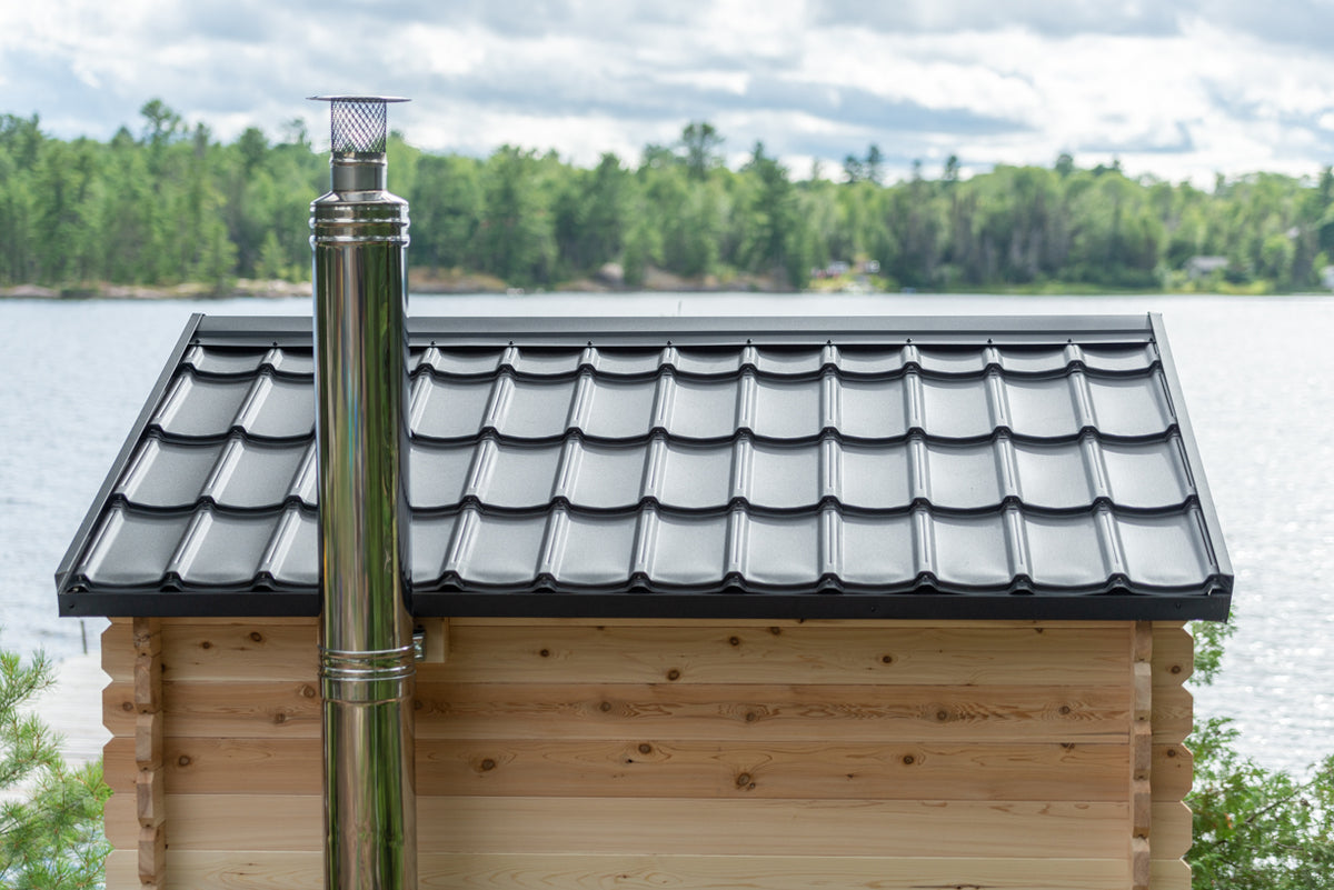 Roof and stove chimney pipe on the Dundalk CT Georgian 6-Person Outdoor Cabin Sauna