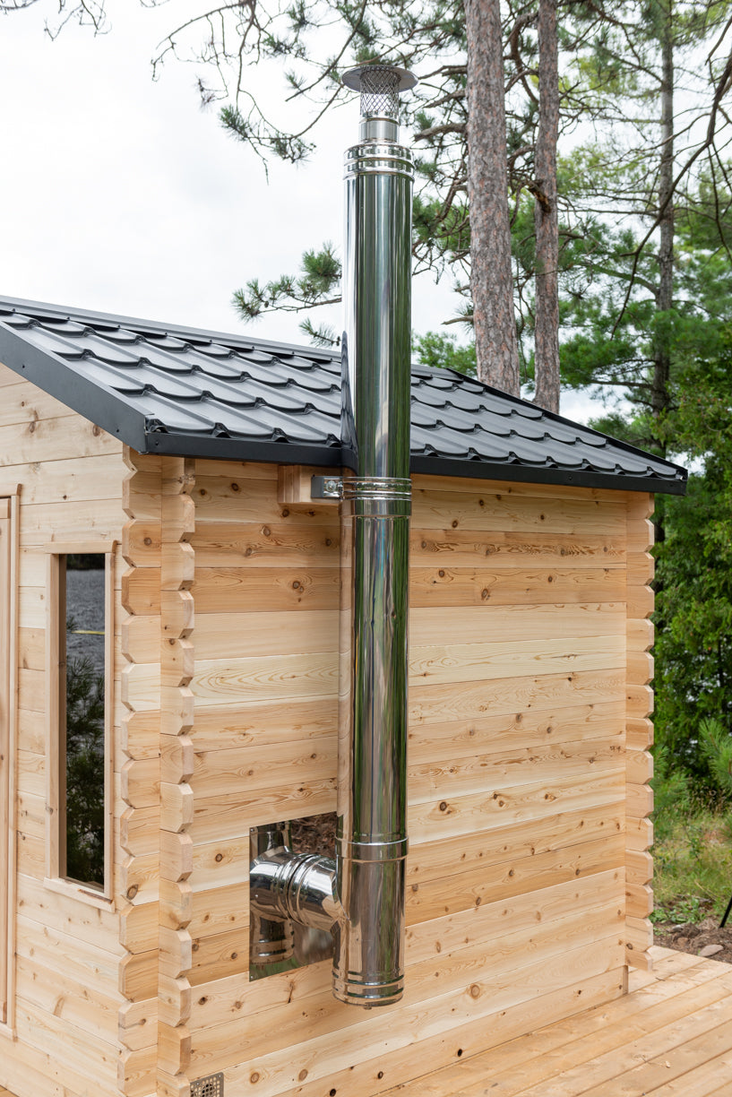 Side of the Dundalk CT Georgian 6-Person Outdoor Cabin Sauna with stove chimney pipe
