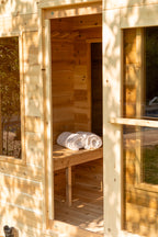 Doorway into the Dundalk CT Georgian 6-Person Cabin Sauna with Change Room with side windows