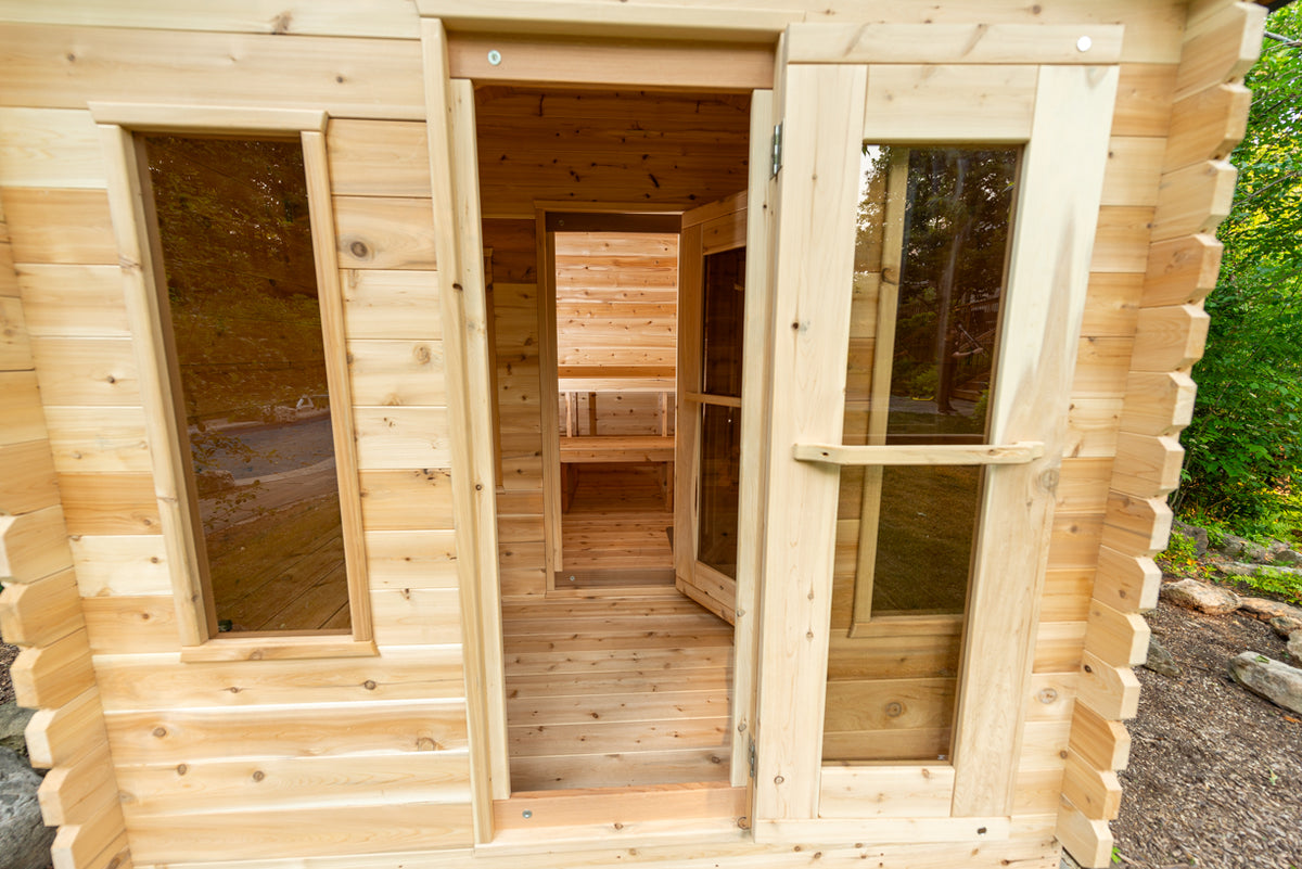 Front door with windows on the Dundalk CT Georgian 6-Person Cabin Sauna with Change Room