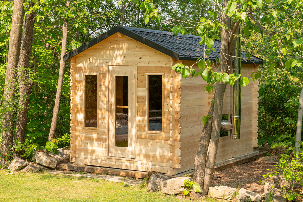 Dundalk CT Georgian 6-Person Cabin Sauna with Change Room exterior in a forest setting