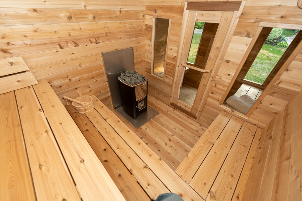 Sauna room floor and benches inside the Dundalk CT Georgian 6-Person Cabin Sauna with Change Room