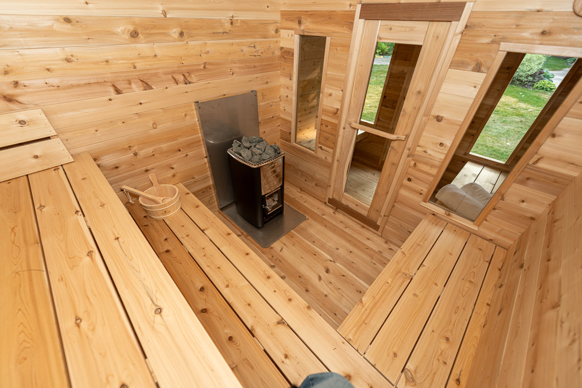 Sauna room floor and benches inside the Dundalk CT Georgian 6-Person Cabin Sauna with Change Room
