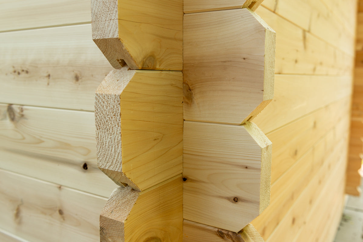 Log corner joint detail on the Dundalk CT Georgian 6-Person Cabin Sauna with Change Room, alternate view