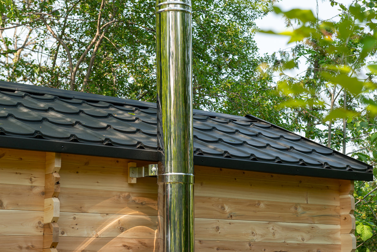 Roof and stove chimney pipe on the Dundalk CT Georgian 6-Person Cabin Sauna with Change Room