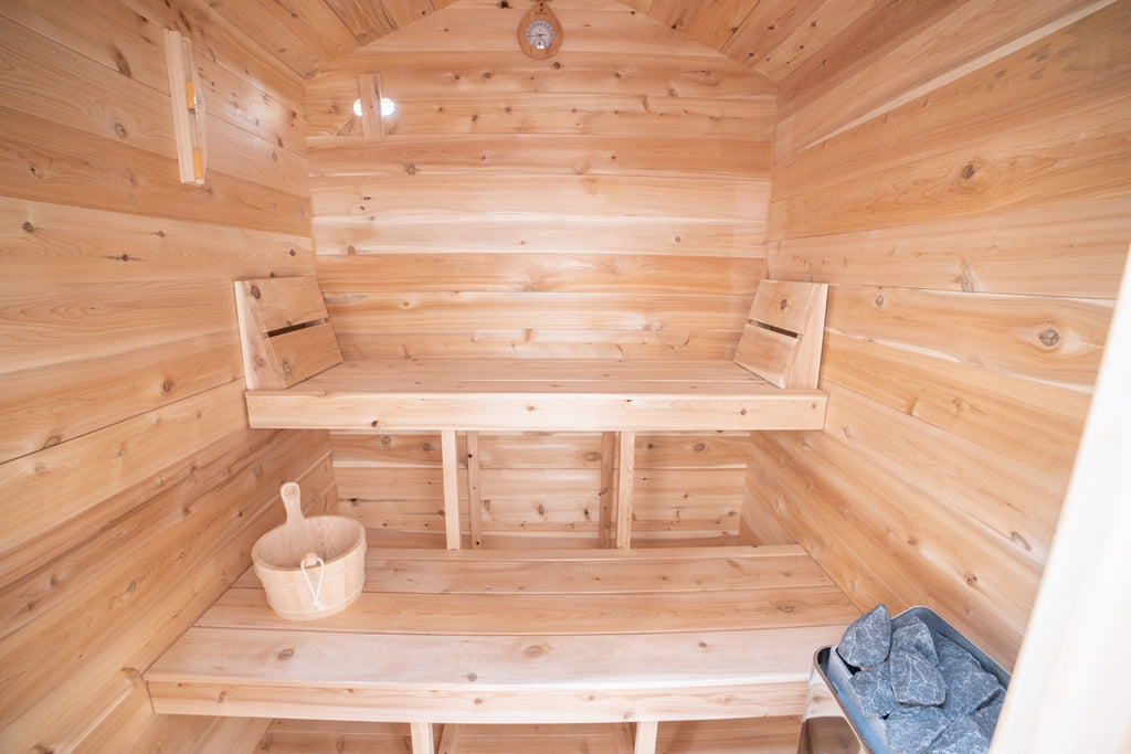 Interior of the Dundalk CT Granby 3-Person Outdoor Cabin Sauna with two-tier benches