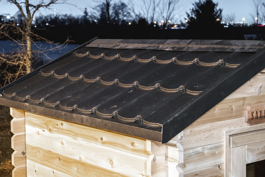Black metal tile roof on the Dundalk CT Granby 3-Person Outdoor Cabin Sauna