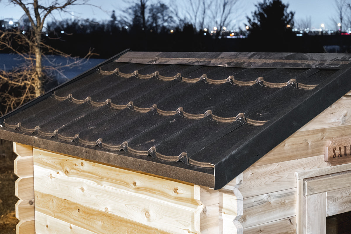 Black metal tile roof on the Dundalk CT Granby 3-Person Outdoor Cabin Sauna